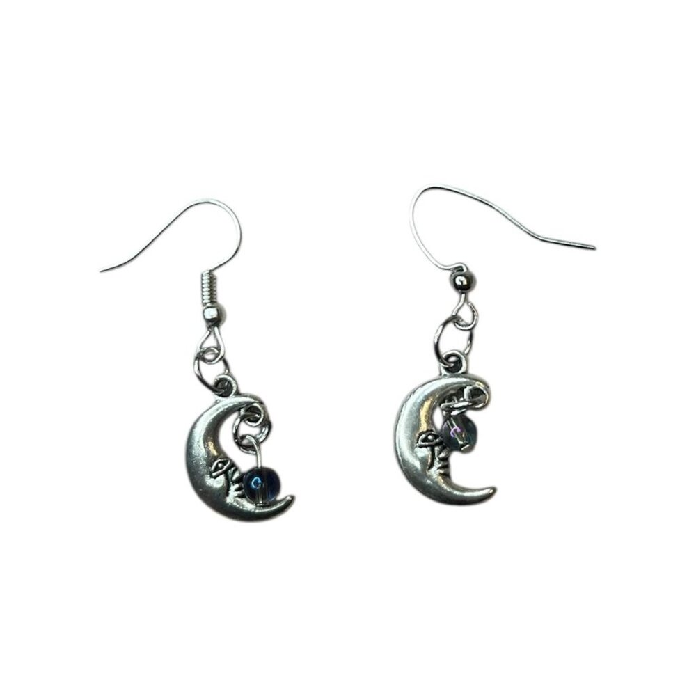 Handmade Silver Moon Earrings w/ Purple & Blue Beads